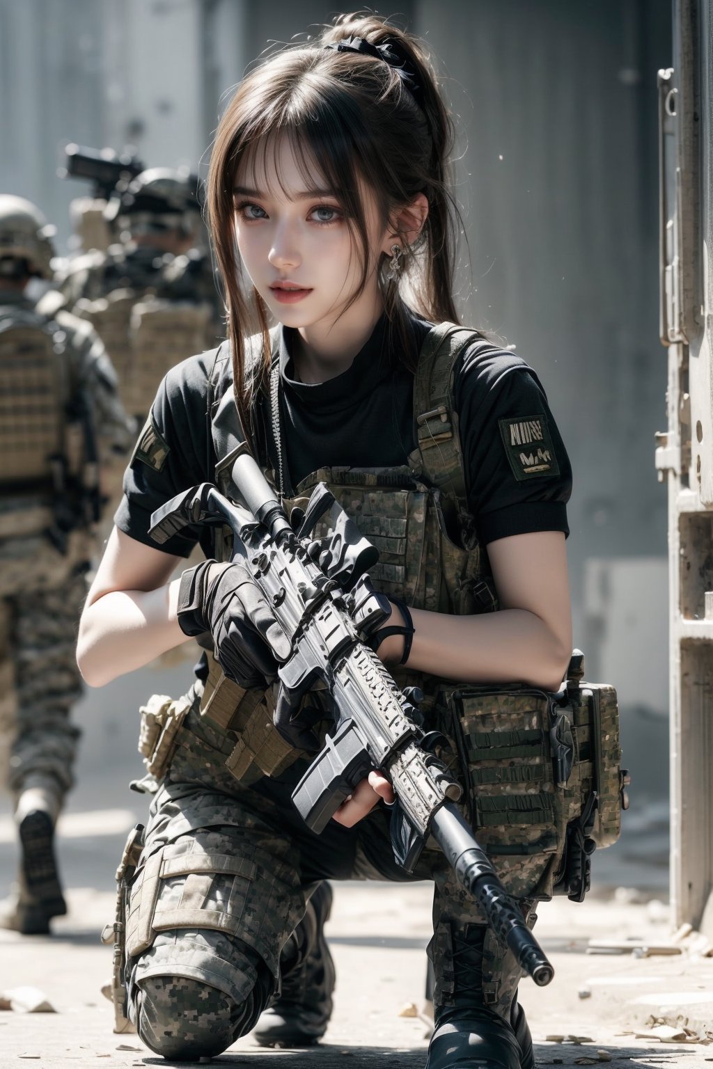 1girl, solo, long hair, looking at the viewer, smile, laugh,  bangs, brown hair, realistic, ponytail, open mouth, gloves, holding, weapon,  realistic, short sleeves, boots, black gloves, pants, fingerless gloves, black footwear, holding weapon, blurry, gun, military, black shirt, blurry background, black pants, holding gun, equipped with an ultrarealistic photorealistic detailed M4A1 assault rifle, knee pads, one knee, combat boots, M4A1, Military,  elegance, masterpiece, earrings, realistic,  masterpiece, best quality, photorealistic, raw photo,  earrings, black eyes, lips, bow headband, lips, ribbon, realistic, parted lips, lips, ribbon, realistic, blurry background,Military,Taskforce