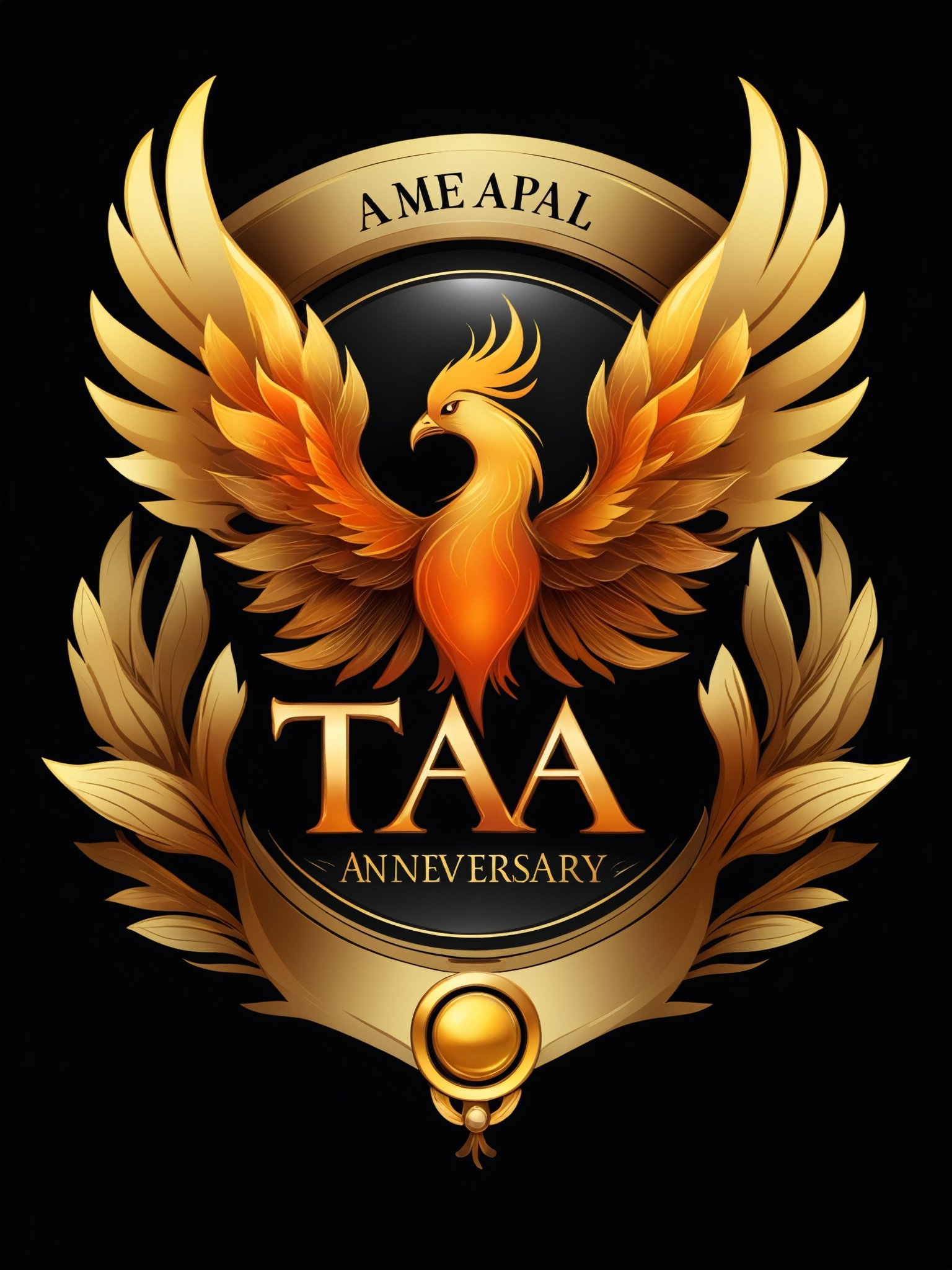 Masterpiece,  realistic. High quality. Badge. a symbol of The flame has the silhouette of a phoenix. With text: TA Anniver...