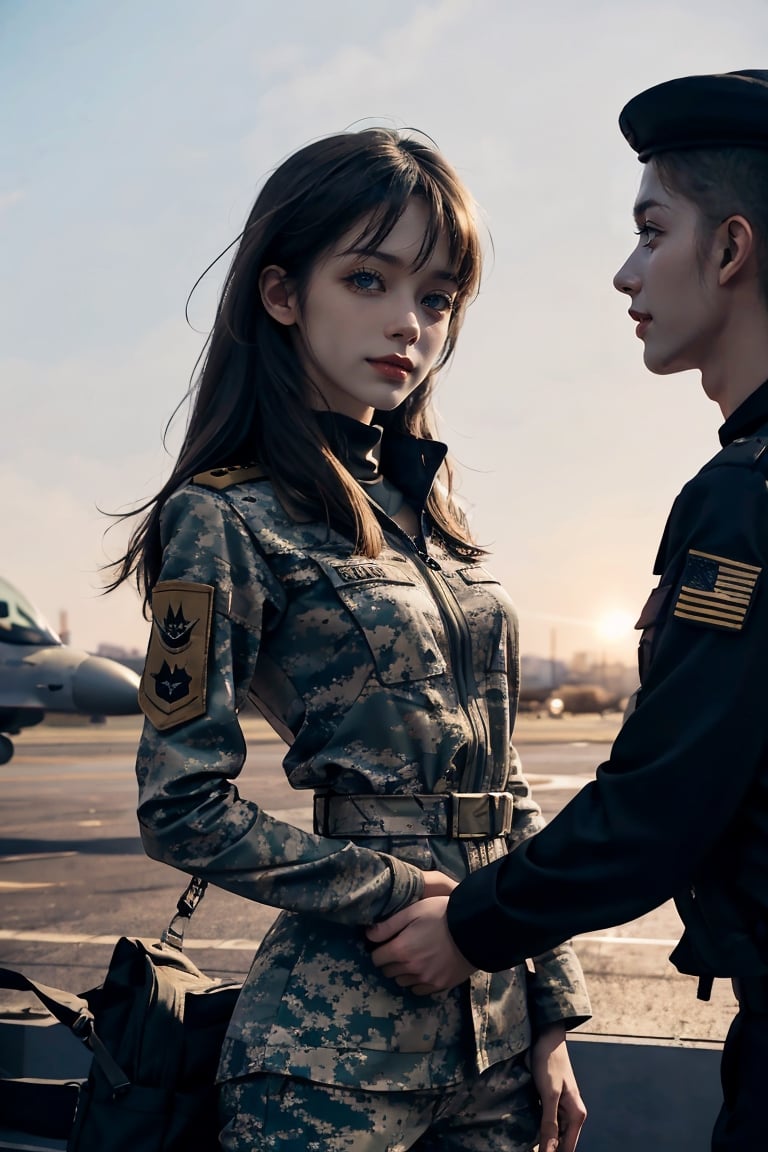 a 20 yo woman, upper body, smile, Tight-fitting military camouflage uniform, camouflage military uniform, long sleeves and long pants, medium breast, on the aircraft carrier's deck,  fight jet(F-16),  direct lighting,  long hair,  soothing tones,  high contrast,  (natural skin texture,  hyperrealism,  soft light,  sharp), chromatic_background, simple background, Detailedface, Detailed eyes, Detailedface,MRRPSS, blurry_background,f-16 fighting falcon,f-16,F16 FALCON