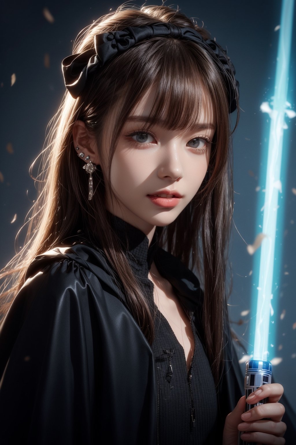 1girl, solo, long hair, looking at the viewer, smile, teeth, bangs, brown hair, realistic, dressed as Sith. starwars. sith. black cloak. Holding a Blue lightsaber, latex suit, Starwars stormtroopers, earrings, black eyes, lips, bow headband, lips, ribbon, realistic, parted lips, lips, ribbon, realistic, blurry background,