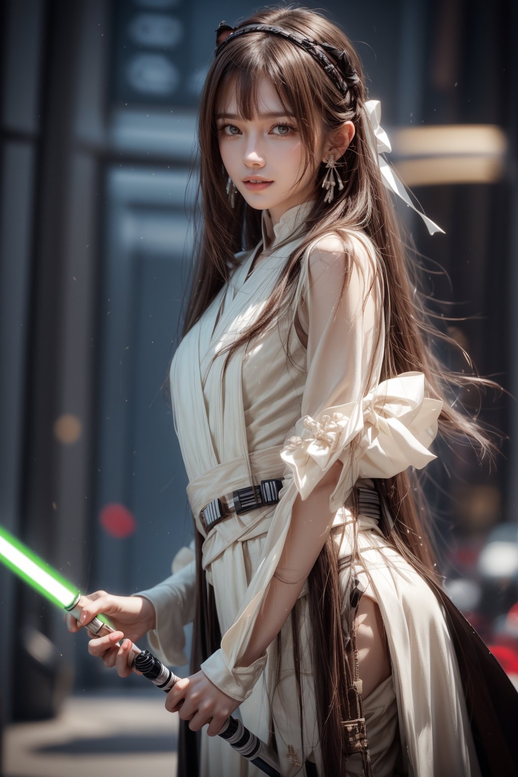 1girl, solo, long hair, looking at the viewer, smile, teeth, bangs, brown hair, realistic, dressed as Sith. starwars. sith.  Holding a lightsaber, earrings, black eyes, lips, bow headband, lips, ribbon, realistic, parted lips, lips, ribbon, realistic, blurry background,sthoutfit,light_saber,JediOutfit