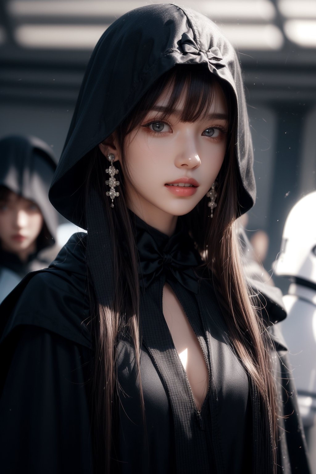 1girl, solo, long hair, looking at the viewer, smile, teeth, bangs, brown hair, realistic, dressed as Sith. starwars. sith. black cloak. Holding a Blue lightsaber, latex suit, Starwars stormtroopers, earrings, black eyes, lips, bow headband, lips, ribbon, realistic, parted lips, lips, ribbon, realistic, blurry background,