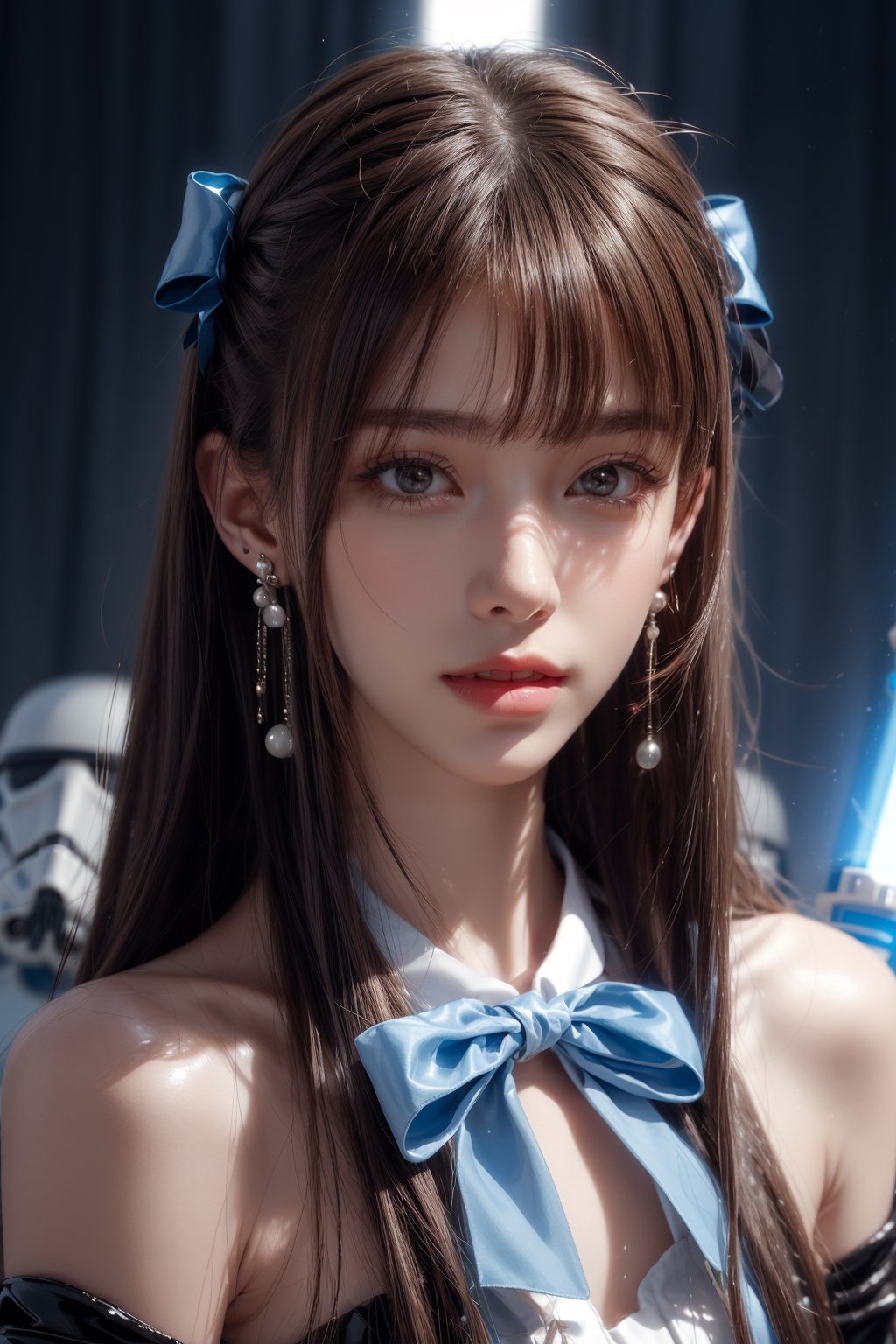 1girl, solo, long hair, looking at the viewer, smile, laugh, bangs, brown hair, realistic, dressed as Sith. starwars. sith.  Holding a Blue lightsaber, latex suit, Starwars stormtroopers, earrings, black eyes, lips, bow headband, lips, ribbon, realistic, parted lips, lips, ribbon, realistic, blurry background,