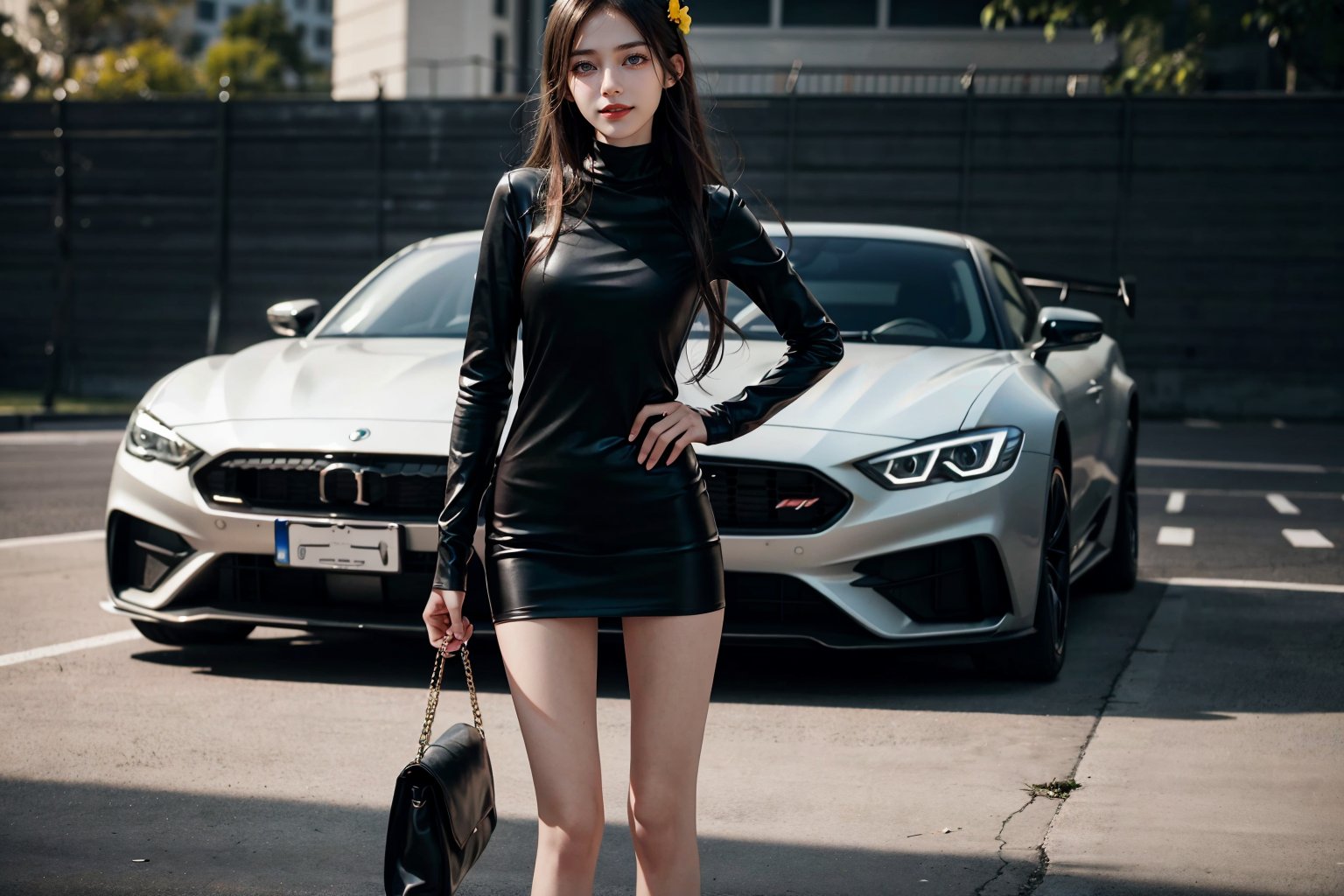 at night, a 20 yo woman, smile, laugh, long hair, medium breast, sexy, realistic,  bright sunny smile, parted lips, flower hair accessories, ((Mock Neck Illusion Long Sleeve very short black minidress Black Leather)) , jewels. standing in a parking lot, sports car, at night, masterpiece, best quality, photorealistic, raw photo,  Standing,  with direct lighting, long hair, soothing tones, high contrast, (natural skin texture, hyperrealism, soft light, sharp), chromatic_background, Detailedface, Detailed eyes, Detailedface, blurry background, realistic ,Car,Sports car,super car