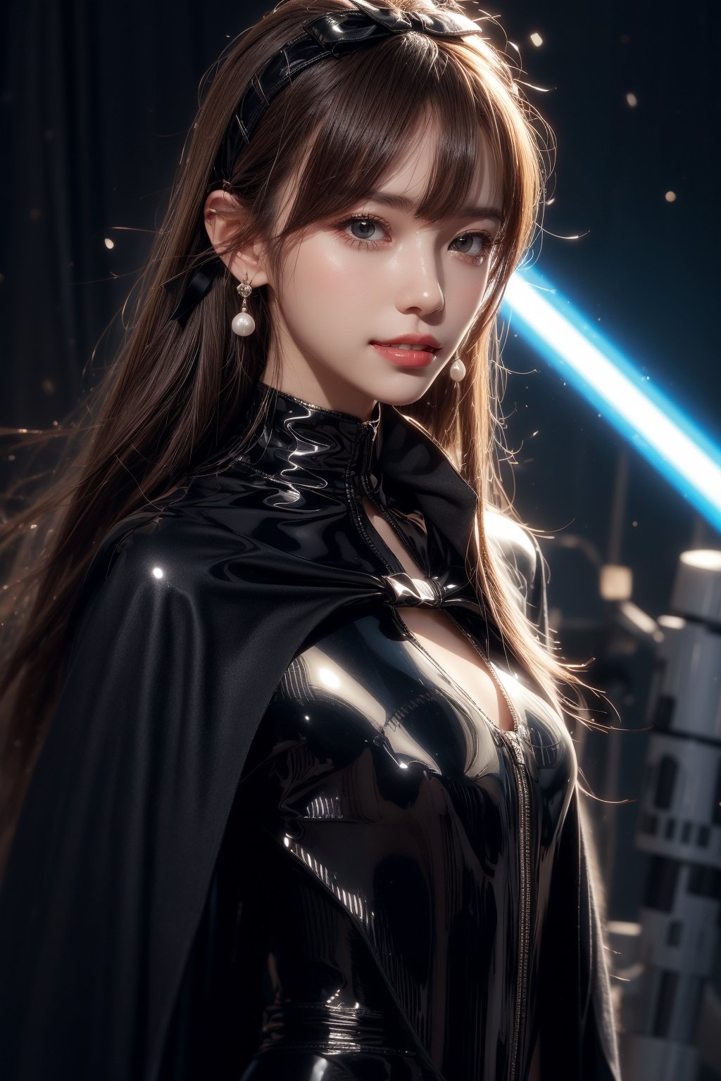 1girl, solo, long hair, looking at the viewer, smile, teeth, bangs, brown hair, realistic, tight suit, dressed as Sith. starwars. sith. black cloak. Holding a Blue lightsaber. a spacewalk, no ground, latex suit, zero gravity, earrings, black eyes, lips, bow headband, lips, ribbon, realistic, parted lips, lips, ribbon, realistic, blurry background,