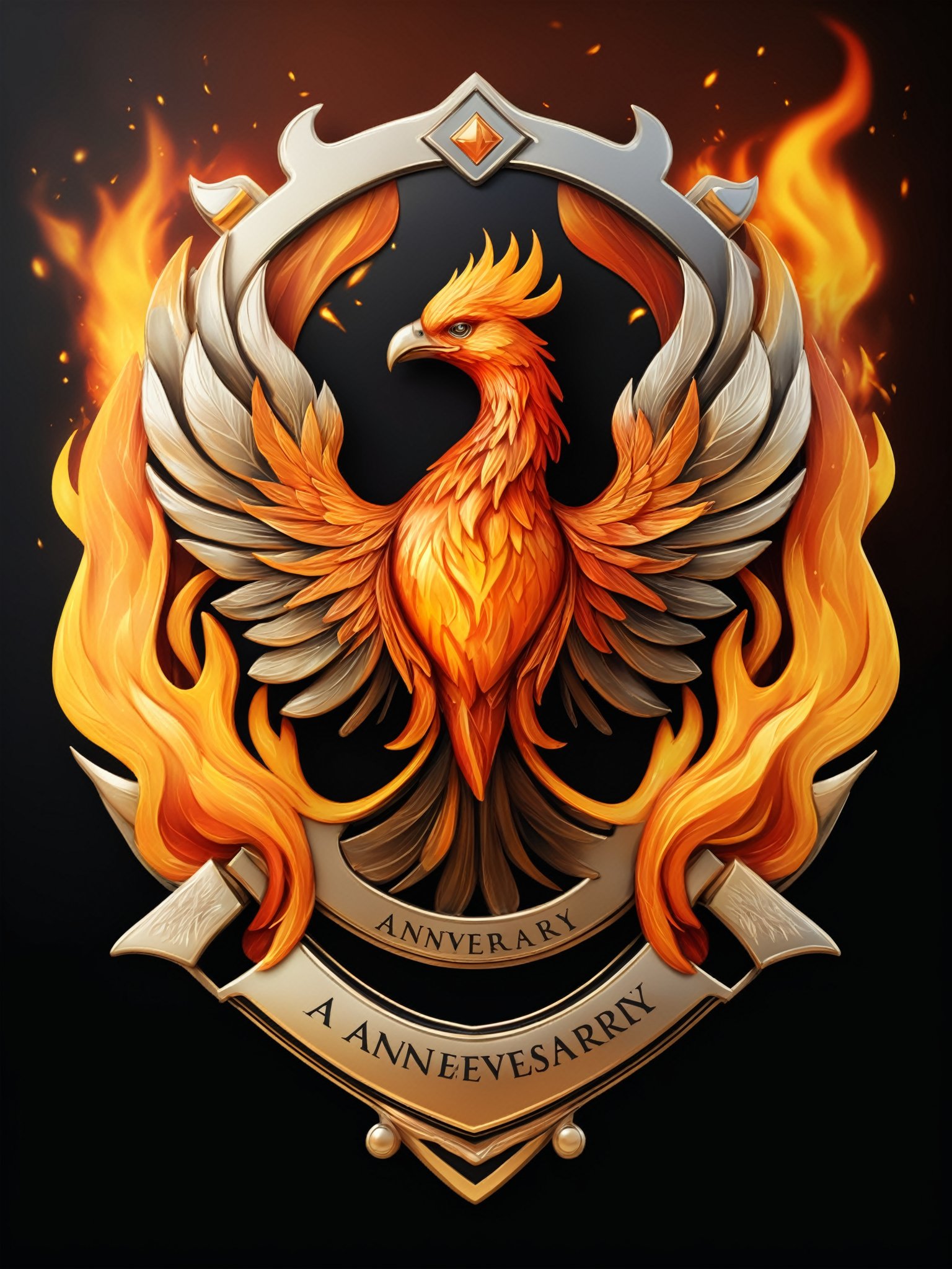 Masterpiece,  realistic. High quality. Badge. a symbol of a phoenix made of fire. With text: TA Anniversary by Kealthalas...