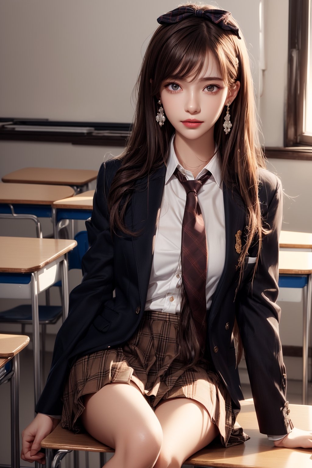 1girl, solo, long hair, looking at the viewer, smile, bangs, brown hair, realistic, shoulders-long messy elegant hair. (masterpiece, best quality, CGI, official art:1.2), (masterpiece), (best quality),(ultra-detailed),(illustration),(extremely detailed),(perfect anatomy),(super detailed skin),(detailed),(beautiful detailed eyes),(plaid skirt), skirt,(school uniform), (white shirt),(brown blazer:1.1), (plaid necktie), curvy, sitting, (knee up:1.1), foot out of frame, school, classroom, realistic,  masterpiece, best quality, photorealistic, raw photo,  earrings, black eyes, lips, bow headband, lips, ribbon, realistic, parted lips, lips, ribbon, realistic, blurry background,spread\(vaginal\)