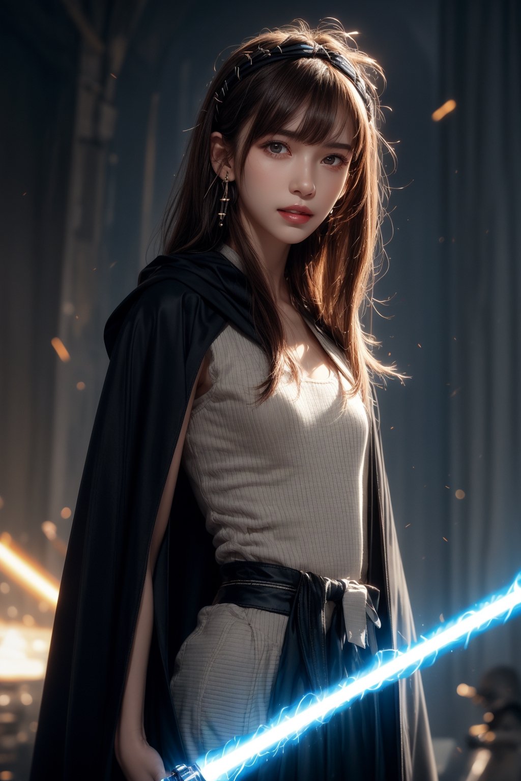 1girl, solo, long hair, looking at the viewer, smile, teeth, bangs, brown hair, realistic,  wearing a tight suit, dressed as Sith. Starwars. Sith. black cloak. rope, Holding a Blue lightsaber. energy sword, lightsaber,  standing at warzone, Starwars, explosions, laser shots, action scene (HDR:1.5) earrings, black eyes, lips, bow headband, lips, ribbon, realistic, parted lips, lips, ribbon, realistic, blurry background,