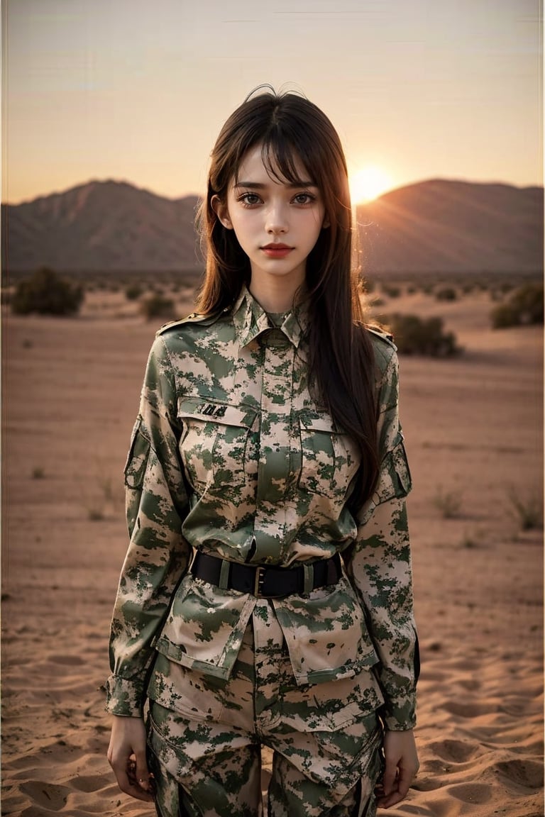 a 20 yo woman, upper body, smile, Tight-fitting military uniform, camouflage military uniform, long sleeves and long pants, medium breast, in the desert ,  tank  direct lighting,  long hair,  soothing tones,  high contrast,  (natural skin texture,  hyperrealism,  soft light,  sharp), chromatic_background, simple background, Detailedface, Detailed eyes, Detailedface,MRRPSS, blurry_background