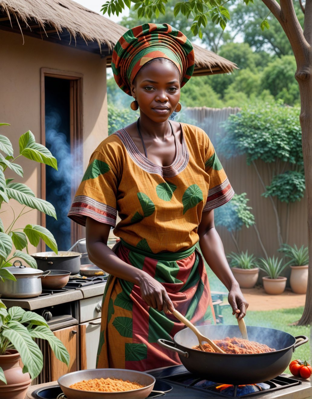 An African woman cooking in the kitchen, trees, yard, home, wearing traditional African clothing