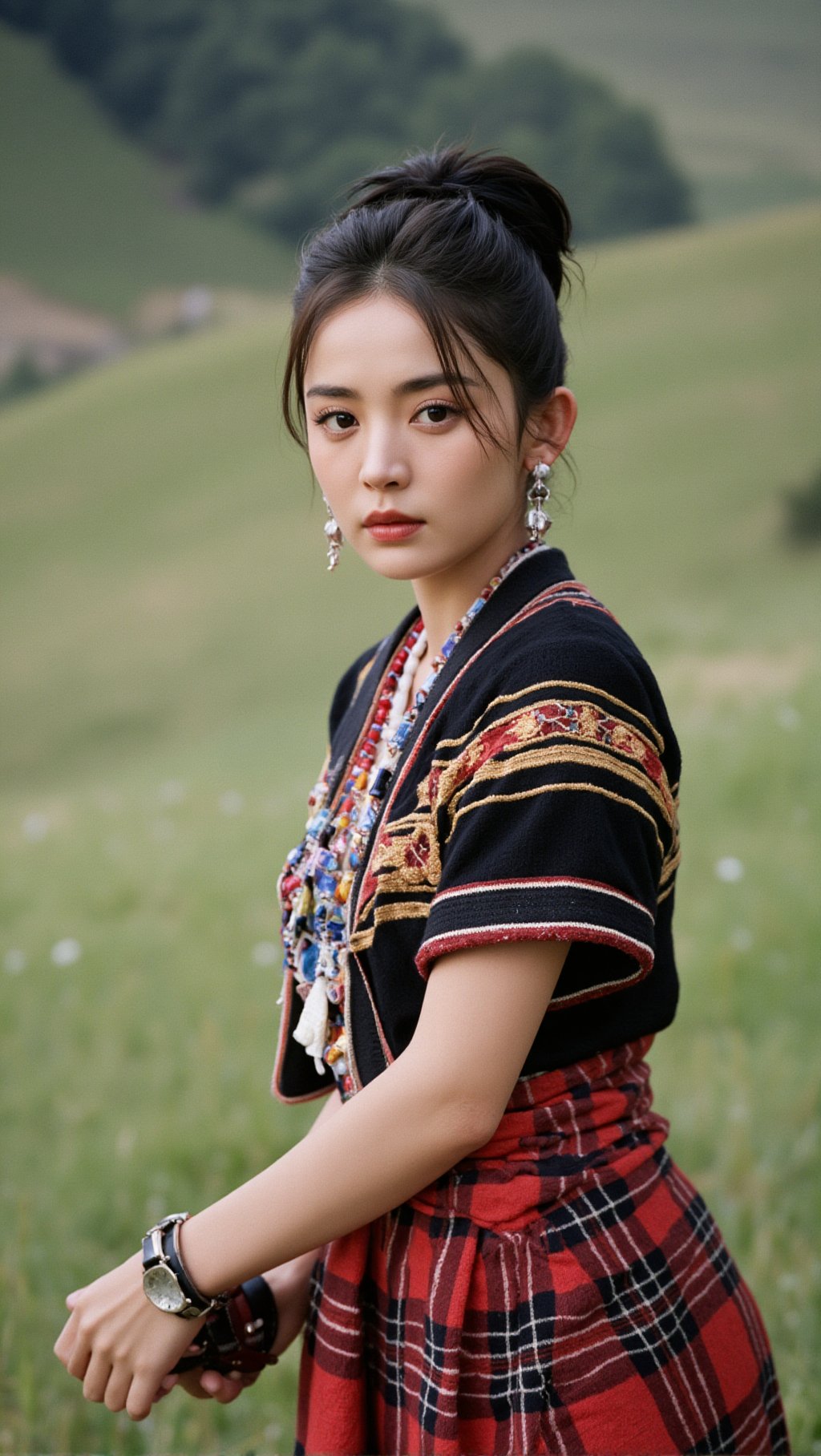 Full body shot, Tibetan girl, Tibetan clothing, black and red pants. Cool, confident expression, grassland background, blurred background, Tyndall effect, contour light, rich colors, oriental charm, high quality, clear focus, complex details, oriental beauty