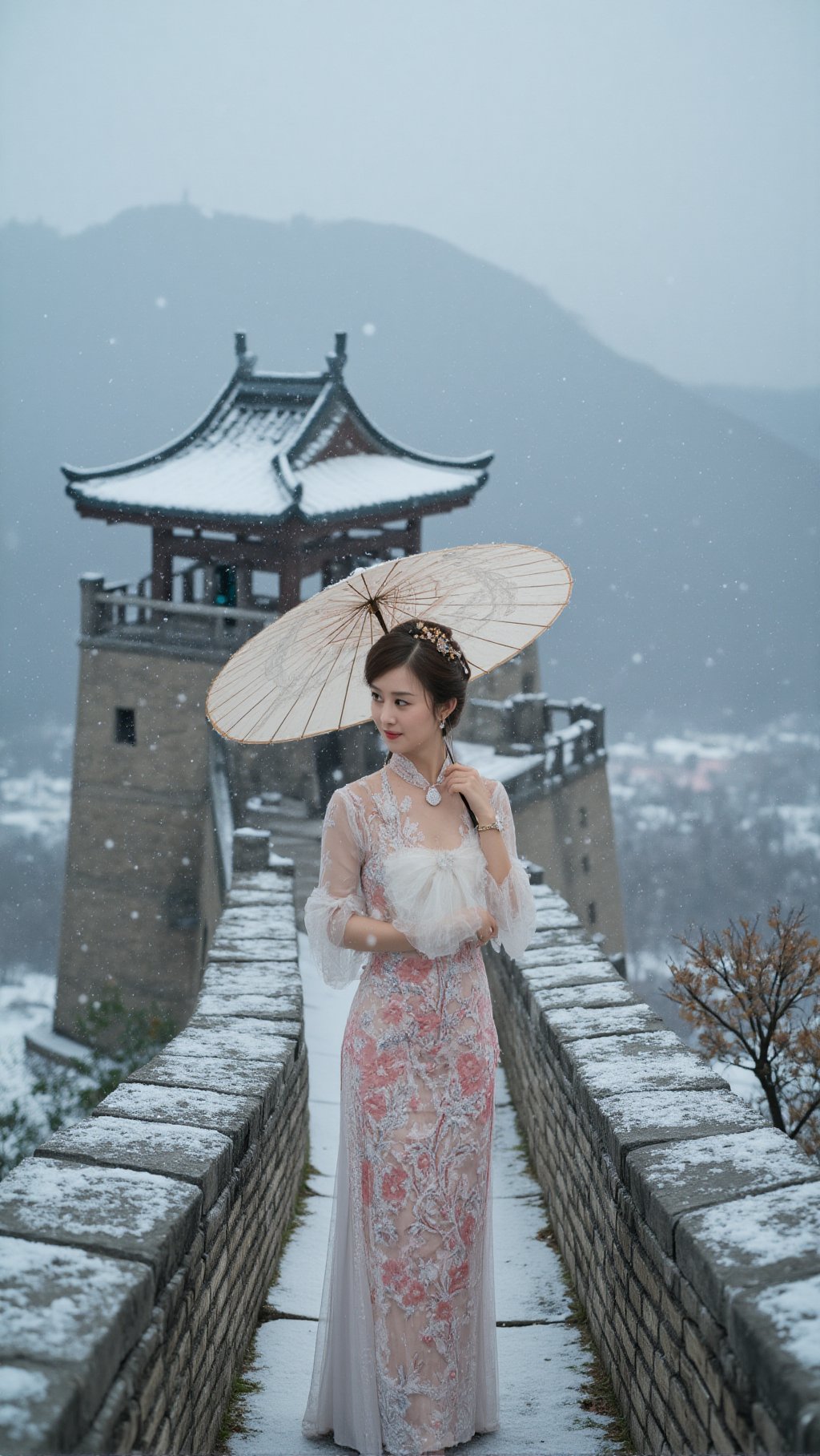 Realistic depiction of a stunning Chinese beauty standing atop the iconic Beacon Tower of the Great Wall, enveloped in a traditional cheongsam dress, its sleeves elegantly dropped to reveal toned arms. She holds an oil paper umbrella against the gentle snowfall, as flakes gently dance around her. The tower's rugged stone and watchtower's wooden slats provide a striking contrast to the serene winter wonderland below, where snow-covered grounds stretch out like a vast canvas.