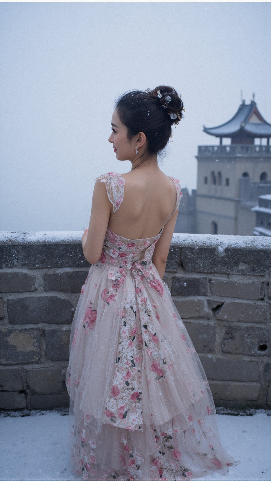 Realistic depiction of a stunning Chinese beauty standing atop the iconic Beacon Tower of the Great Wall, enveloped in a traditional cheongsam dress, its sleeves elegantly dropped to reveal toned arms. She holds an oil paper umbrella against the gentle snowfall, as flakes gently dance around her. The tower's rugged stone and watchtower's wooden slats provide a striking contrast to the serene winter wonderland below, where snow-covered grounds stretch out like a vast canvas.