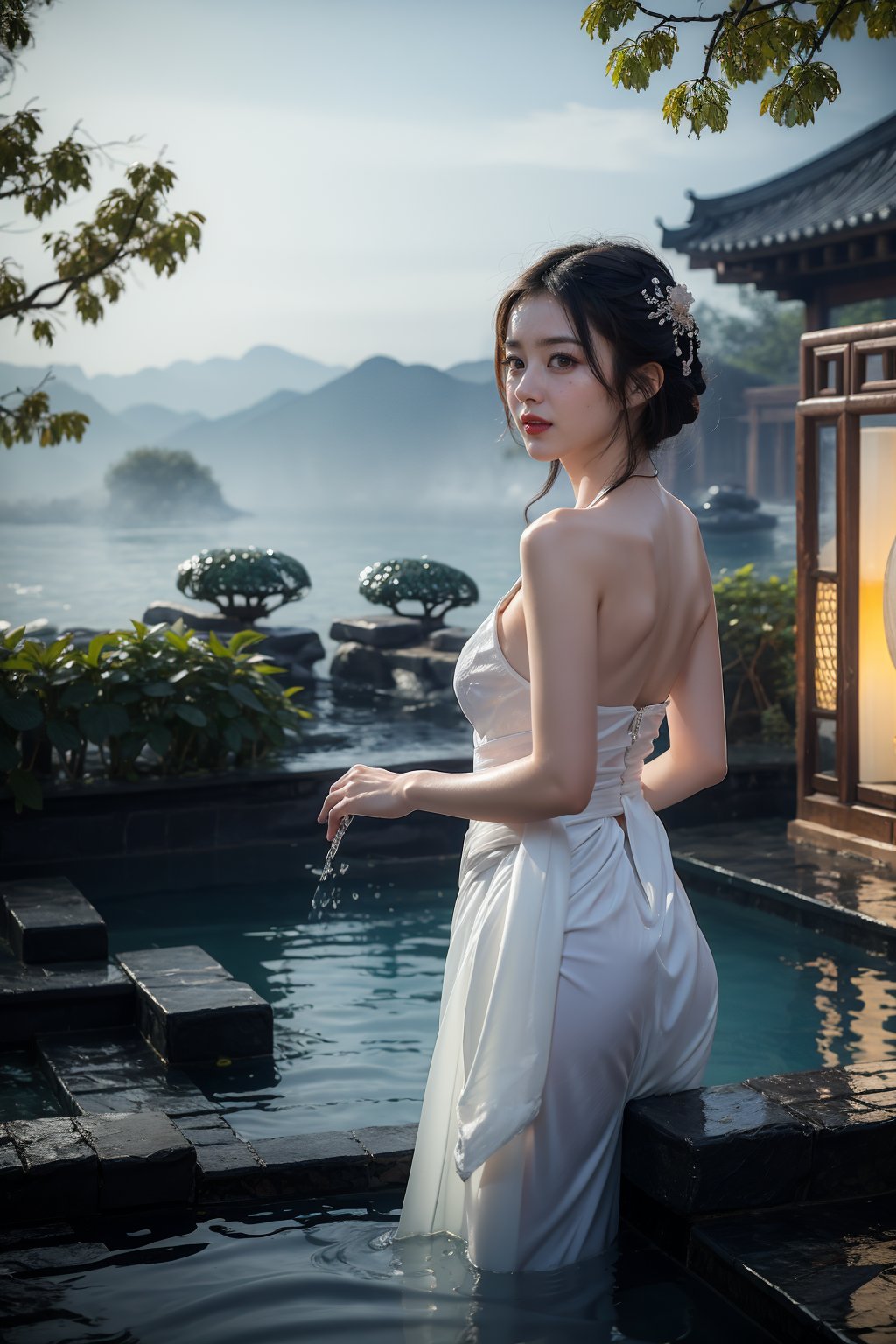 A serene Chinese beauty stands waist-deep in an ancient water pool, surrounded by lush white lotus leaves. Her long, straight hair cascades down her back like a waterfall, with subtle wetness and gentle waves. Her brown eyes gaze softly into the distance as she stands poised, one hand resting on the pool's edge. The Ancient Chinese mountain view backdrop is shrouded in misty darkness, punctuated by the soft glow of lanterns within the Xuer Palace gate. The dynamic composition features a perfect split lighting effect, with the beauty's wet hanfu and dudou-clad form illuminated from above, creating an ethereal ambiance.