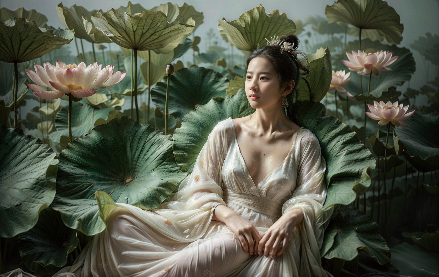 Masterpiece, Best Quality, 16yo Chinese girl, ((model pose)), (elegant pose), (Showing Cleavage), wearing a see_through white hanfu, nipples poke, wearing vintage Chinese earrings, with a large aperture portrait lens, embroidered flower patterns, very_long_hair, hair past hip, hair blowing in the wind, ((naked)),  (nude), full shot,  full nude,  full naked,  pussy, clean skin,  curved body,  (full body shot),  tiny bast,  tiny chest,  tiny breast,  middle brests,  pubic_hair,  hairy_pussy, Camel toe, tender pussy, Gaping pussy, detailed pussy, see_through cape, eyes smile, hair blowing in the wind, hand in own hair, beehive, big bun, hair ornament, very_long_hair, hair past hip, curly hair, coiled hair, (lying on water:0.3), (wet:0.9), (wet clothes:0.9), bath, 1girl, (look at the viewer:1.2), body facing viewer, breast facing to camera, (cowboy shot:1.2),(masterpiece, best quality, highres:1.2),minimalism,realistic,1 girl,solo,full body,(giant lotus leaf:1.1),(lotus leaves:1.1), look at viewer,xuer Lotus leaf