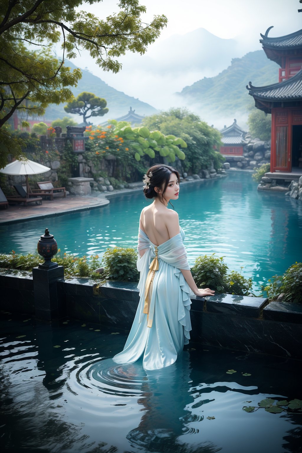 A serene Chinese beauty stands waist-deep in an ancient water pool, surrounded by lush white lotus leaves. Her long, straight hair cascades down her back like a waterfall, with subtle wetness and gentle waves. Her brown eyes gaze softly into the distance as she stands poised, one hand resting on the pool's edge. The Ancient Chinese mountain view backdrop is shrouded in misty darkness, punctuated by the soft glow of lanterns within the Xuer Palace gate. The dynamic composition features a perfect split lighting effect, with the beauty's wet hanfu and dudou-clad form illuminated from above, creating an ethereal ambiance.