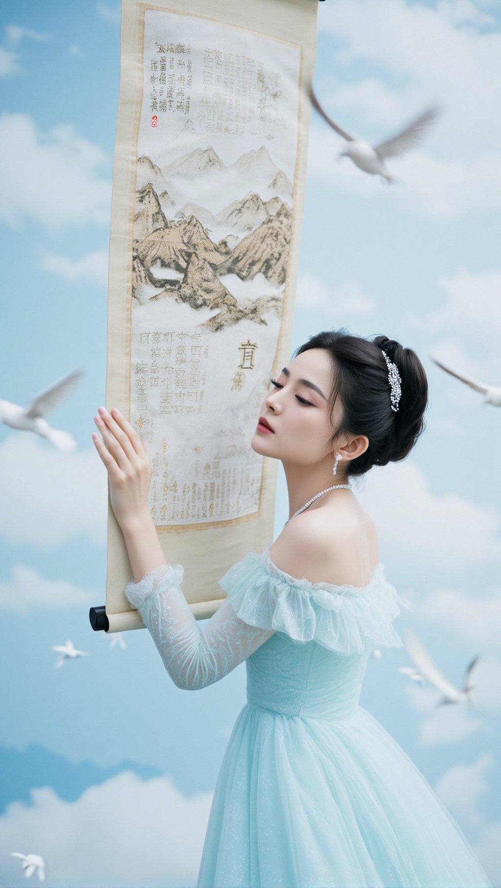 The image depicts a young Asian woman, likely Chinese, dressed in an elaborate light blue, form-fitting gown with long sleeves and a flowing skirt. She stands in front of a large, unfurled scroll that features intricate Chinese calligraphy and a landscape of mountains and clouds. The scroll, which has a white background and brown text, extends from the top to the bottom of the image. The woman, with her hair styled in a bun adorned with a tiara or crown, has her arms gently outstretched and her hands clasped in front of her. The background is a serene, light blue sky filled with clouds, some of which blend seamlessly with her gown, creating an ethereal effect. Birds are seen flying around her, adding to the dreamlike quality of the scene. The overall composition and color palette, dominated by shades of blue, white, and brown, contribute to the image's tranquil and harmonious atmosphere.