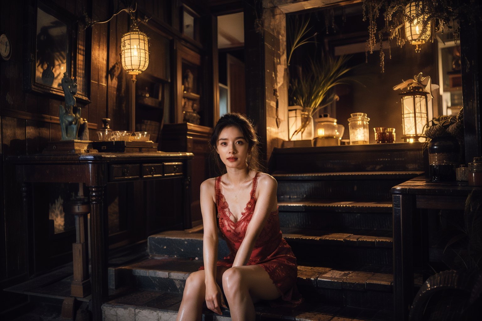 Here is a high-quality RAW image prompt:

A stunning 28-year-old Chinese woman sits gracefully on the steps of an ancient, ruined temple in a misty forest at night. Her slender body and long, straight brown hair are illuminated by the soft glow of the full moon. She wears a dripping-wet red hanfu dress, its intricate details glistening with dew. Her exquisite features include pale skin, juicy lips, and icy eyeshadow. Her eyes smile sweetly as she gazes down at her hands, which are perfectly manicured with detailed fingernails. Her slender fingers play with the wet fabric of her dress, creating a dynamic composition. The camera focuses on every intricate detail, from the beehive hairstyle to the delicate pubic hair, and captures the dreamlike atmosphere of this mystical scene.