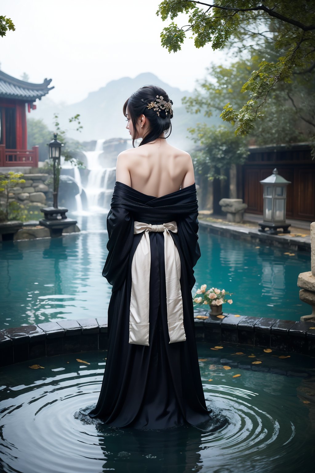 A serene Chinese beauty stands waist-deep in an ancient water pool, surrounded by lush white lotus leaves. Her long, straight hair cascades down her back like a waterfall, with subtle wetness and gentle waves. Her brown eyes gaze softly into the distance as she stands poised, one hand resting on the pool's edge. The Ancient Chinese mountain view backdrop is shrouded in misty darkness, punctuated by the soft glow of lanterns within the Xuer Palace gate. The dynamic composition features a perfect split lighting effect, with the beauty's wet hanfu and dudou-clad form illuminated from above, creating an ethereal ambiance.