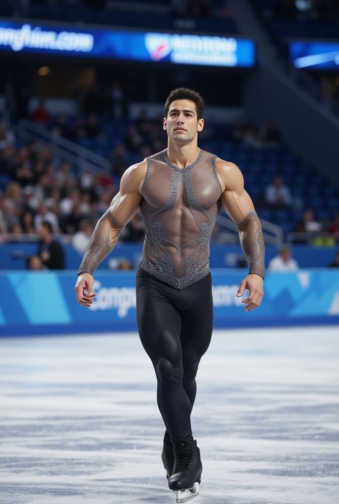 Ultra-realistic cinematic sports photography.as figure skater performing on a Winter Olympics–style ice rink. He is wearin...