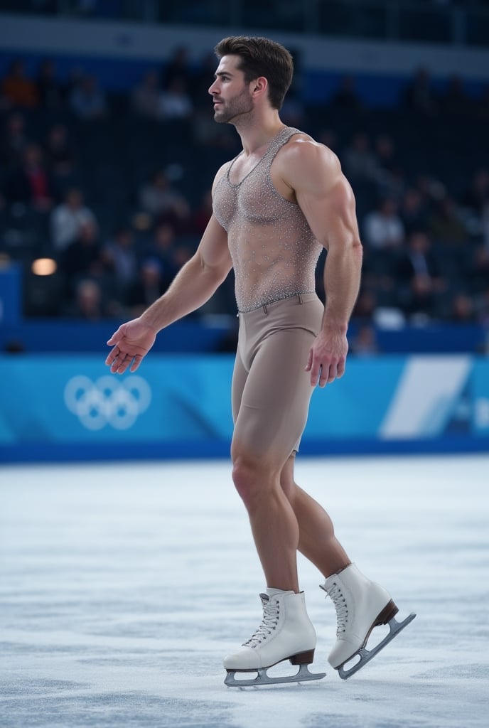 Ultra-realistic cinematic sports photography.as figure skater performing on a Winter Olympics–style ice rink. He is wearin...