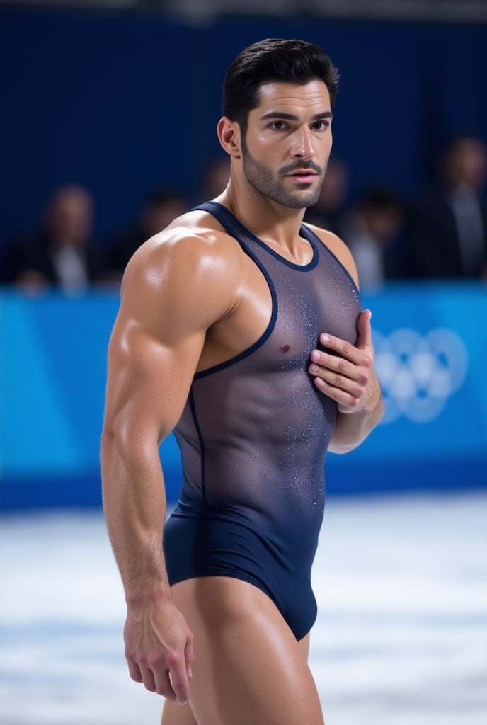 Ultra-realistic cinematic sports photography.as figure skater performing on a Winter Olympics–style ice rink. He is wearin...