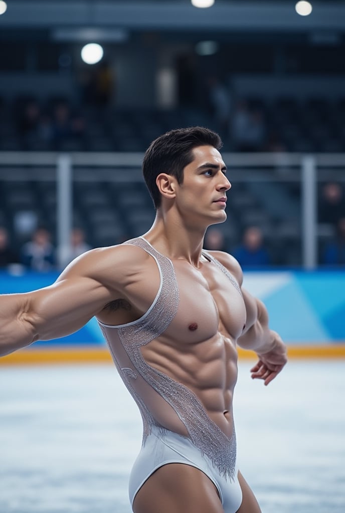 Ultra-realistic cinematic sports photography.as figure skater performing on a Winter Olympics–style ice rink. He is wearin...
