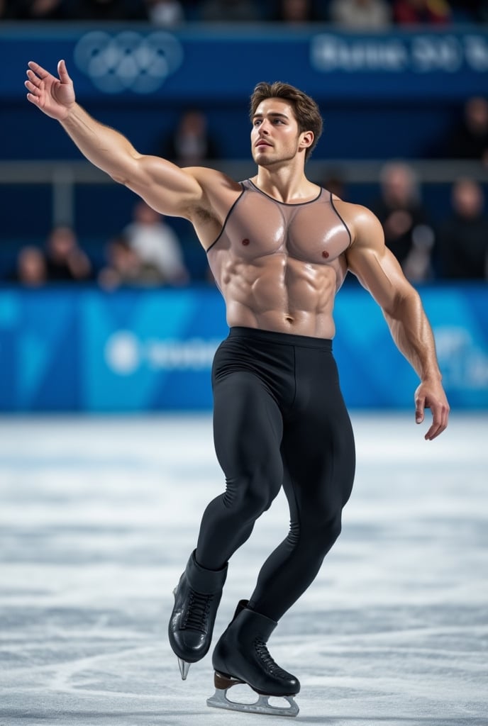 Ultra-realistic cinematic sports photography.as figure skater performing on a Winter Olympics–style ice rink. He is wearin...