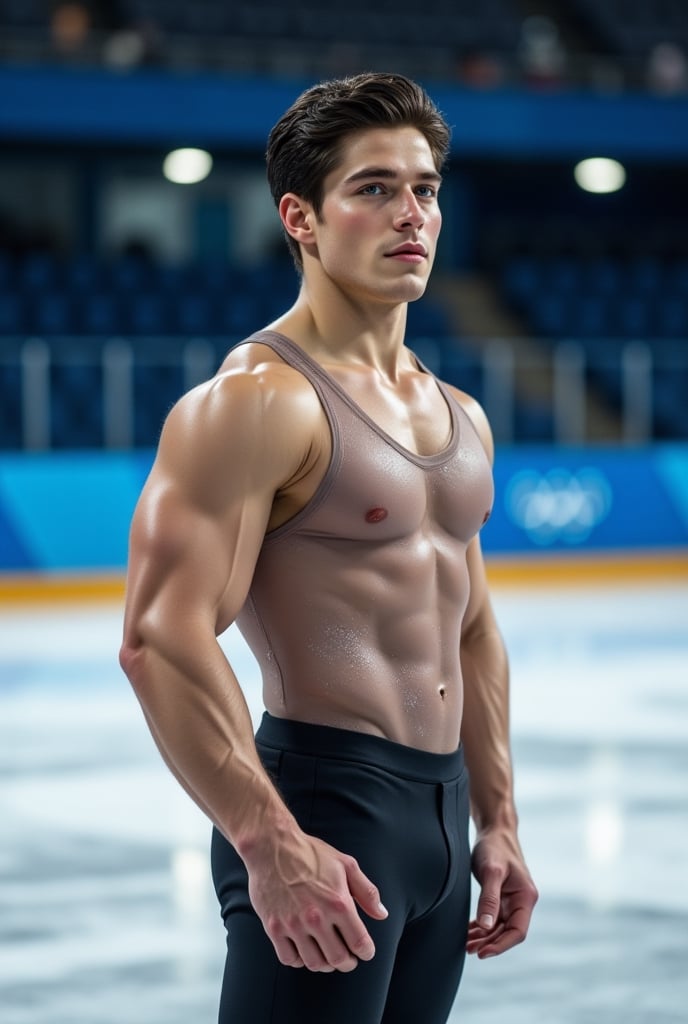 Ultra-realistic cinematic sports photography.as figure skater performing on a Winter Olympics–style ice rink. He is wearin...