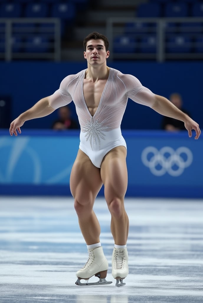 Ultra-realistic cinematic sports photography.as figure skater performing on a Winter Olympics–style ice rink. He is wearin...