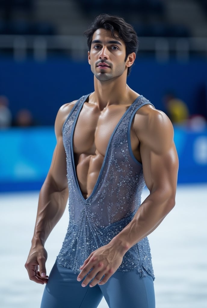 Ultra-realistic cinematic sports photography.as figure skater performing on a Winter Olympics–style ice rink. He is wearin...