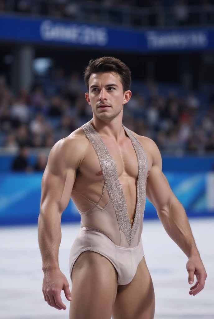 Ultra-realistic cinematic sports photography.as figure skater performing on a Winter Olympics–style ice rink. He is wearin...