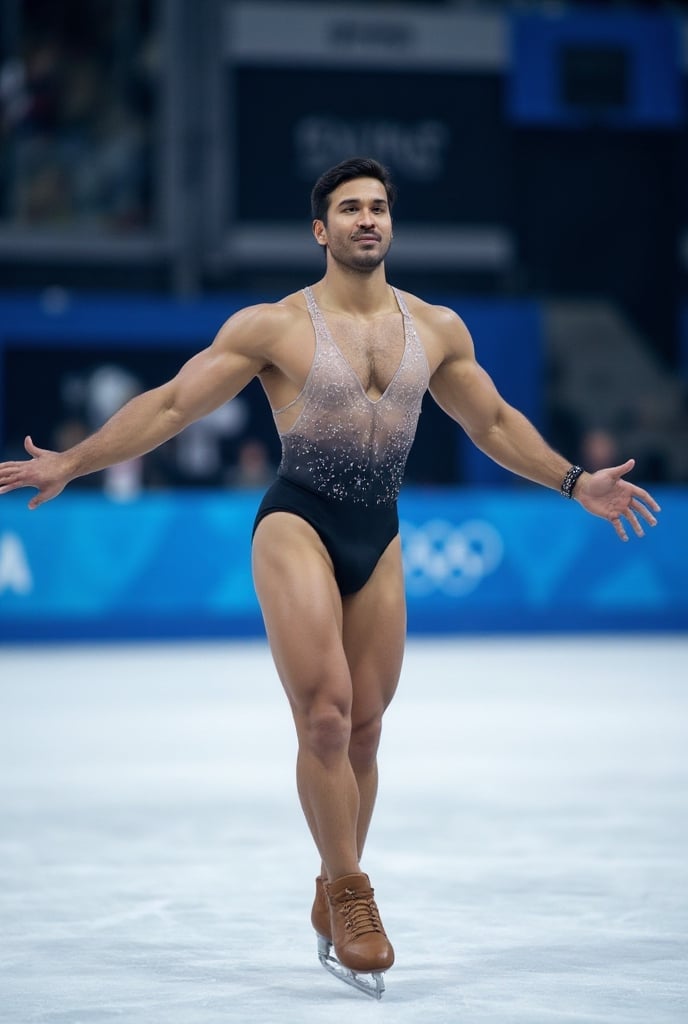 Ultra-realistic cinematic sports photography.as figure skater performing on a Winter Olympics–style ice rink. He is wearin...