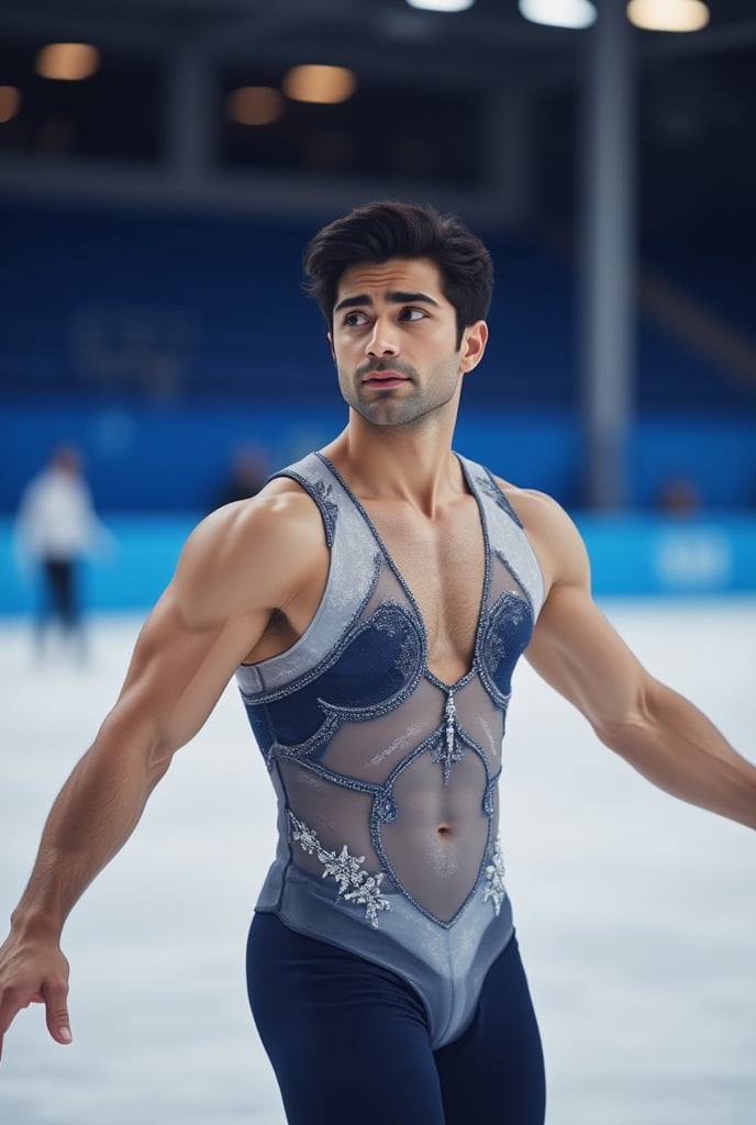 Ultra-realistic cinematic sports photography.as figure skater performing on a Winter Olympics–style ice rink. He is wearin...