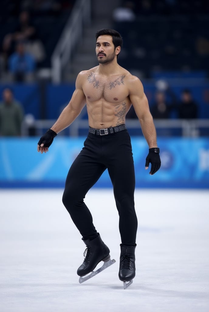 Ultra-realistic cinematic sports photography.as figure skater performing on a Winter Olympics–style ice rink. He is wearin...