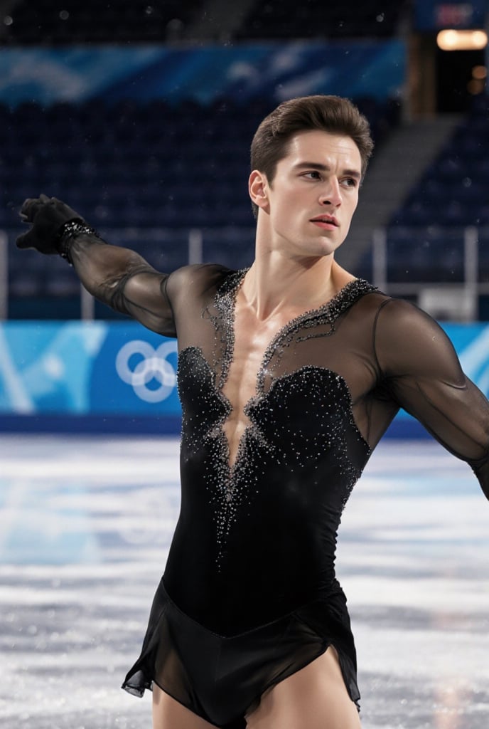 Ultra-realistic cinematic sports photography.as figure skater performing on a Winter Olympics–style ice rink. He is wearin...