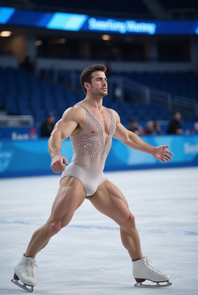 Ultra-realistic cinematic sports photography.as figure skater performing on a Winter Olympics–style ice rink. He is wearin...