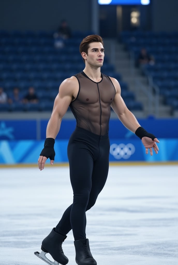Ultra-realistic cinematic sports photography.as figure skater performing on a Winter Olympics–style ice rink. He is wearin...