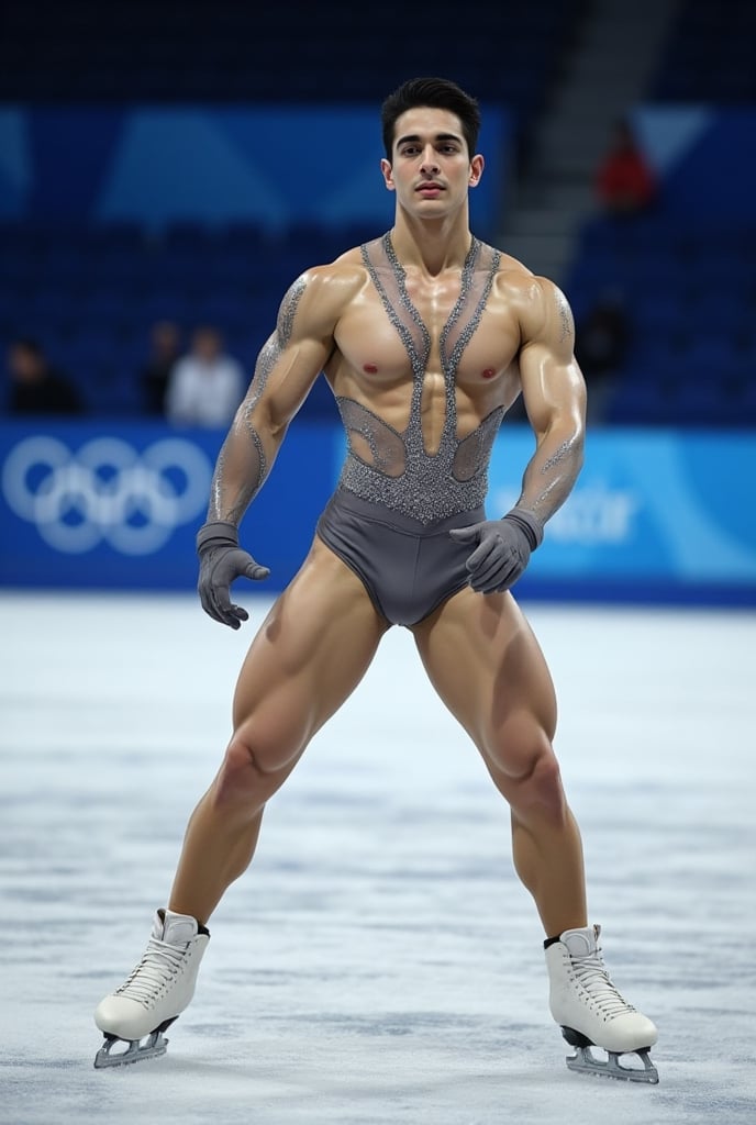 Ultra-realistic cinematic sports photography.as figure skater performing on a Winter Olympics–style ice rink. He is wearin...