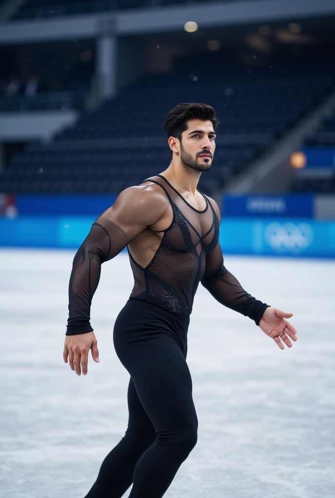 Ultra-realistic cinematic sports photography.as figure skater performing on a Winter Olympics–style ice rink. He is wearin...
