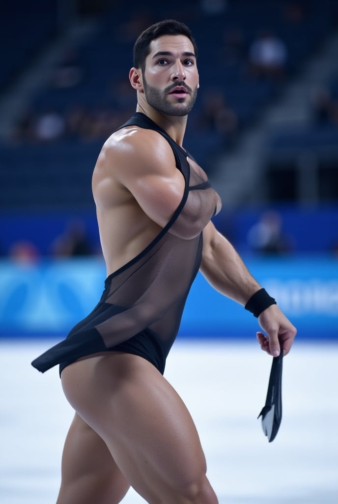 Ultra-realistic cinematic sports photography.as figure skater performing on a Winter Olympics–style ice rink. He is wearin...
