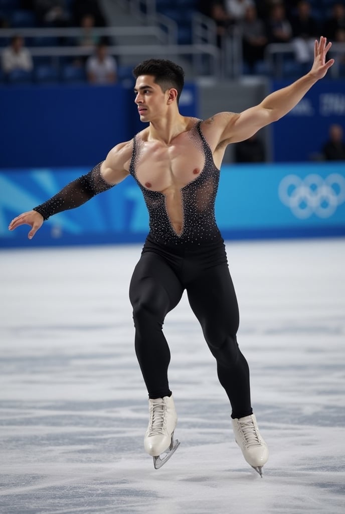 Ultra-realistic cinematic sports photography.as figure skater performing on a Winter Olympics–style ice rink. He is wearin...