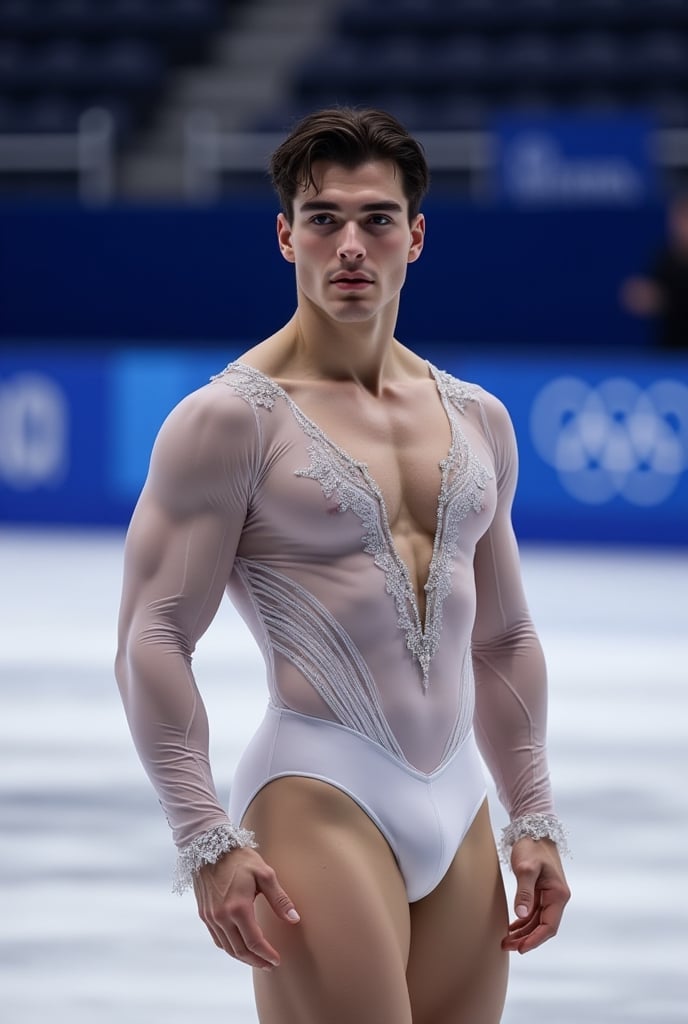 Ultra-realistic cinematic sports photography.as figure skater performing on a Winter Olympics–style ice rink. He is wearin...