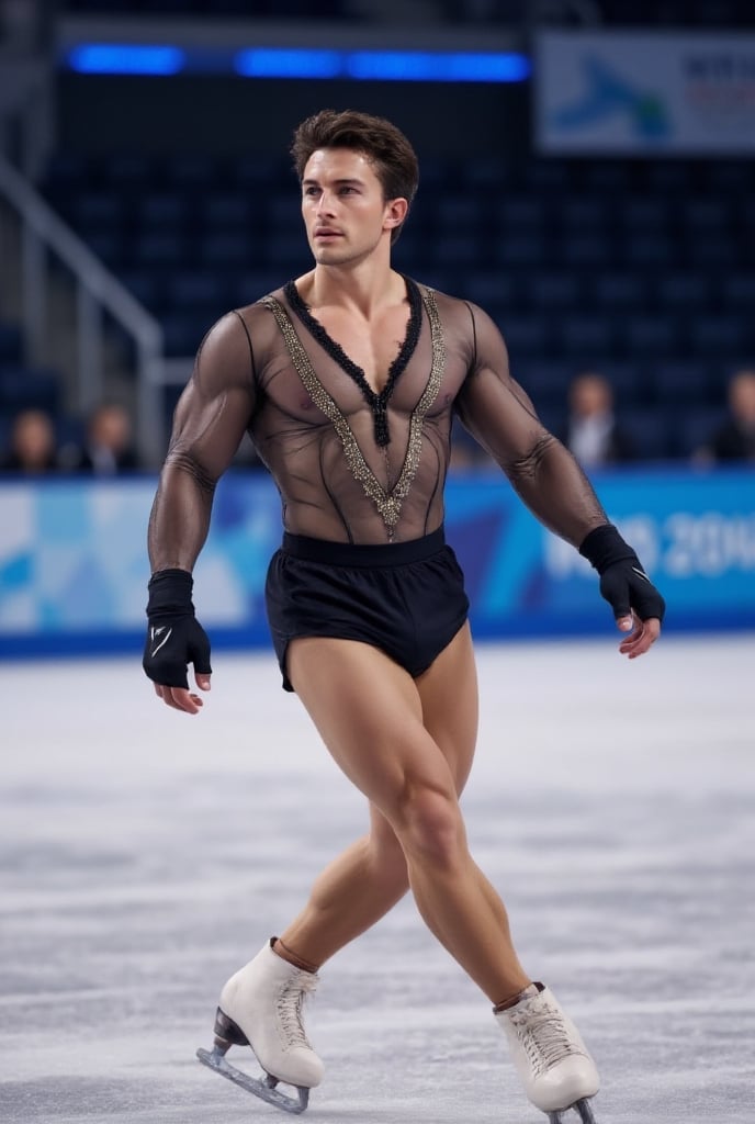Ultra-realistic cinematic sports photography.as figure skater performing on a Winter Olympics–style ice rink. He is wearin...