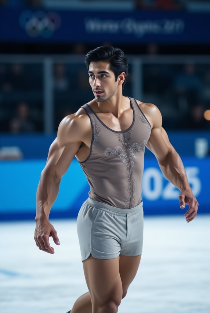 Ultra-realistic cinematic sports photography.as figure skater performing on a Winter Olympics–style ice rink. He is wearin...
