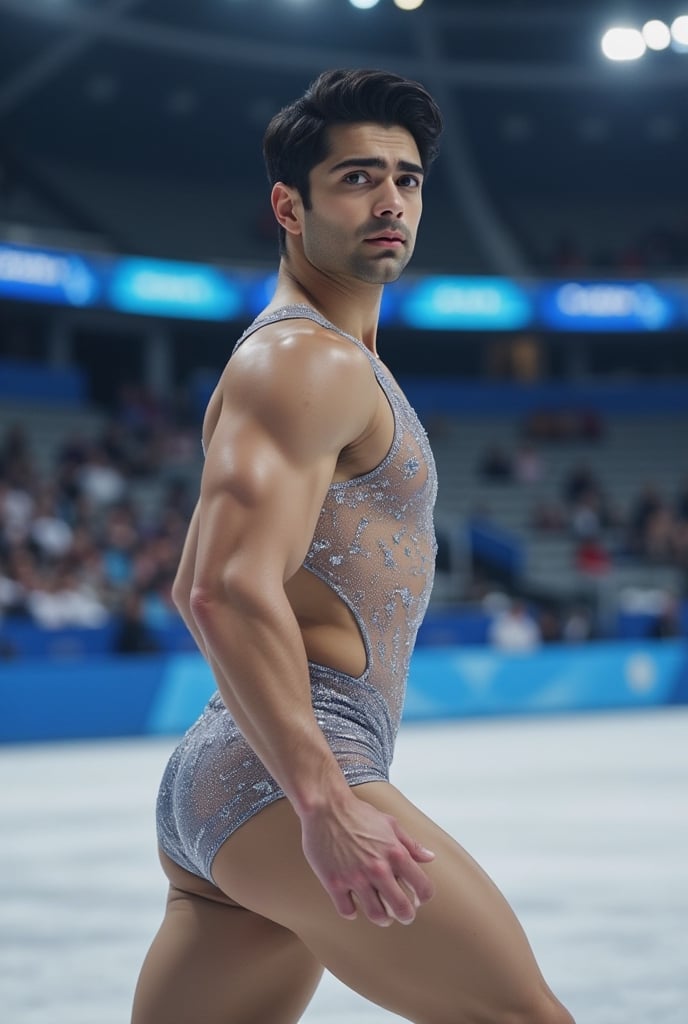 Ultra-realistic cinematic sports photography.as figure skater performing on a Winter Olympics–style ice rink. He is wearin...