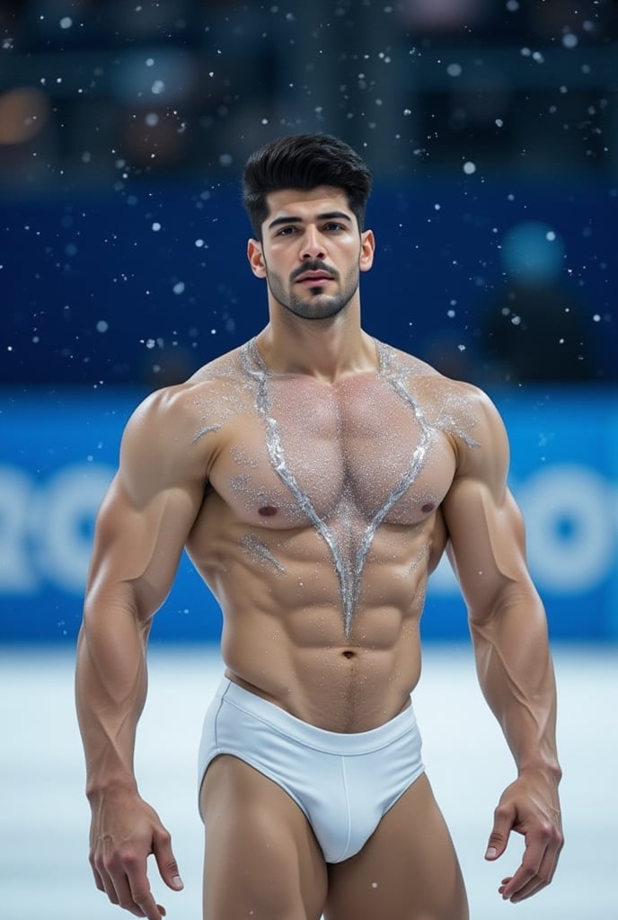 Ultra-realistic cinematic sports photography.as figure skater performing on a Winter Olympics–style ice rink. He is wearin...