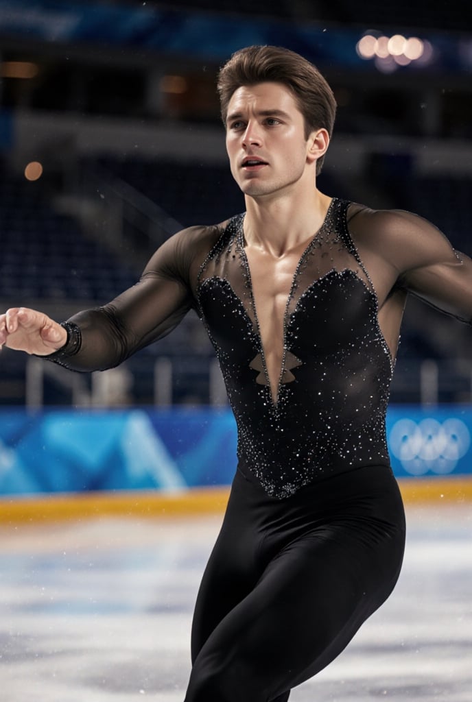 Ultra-realistic cinematic sports photography.as figure skater performing on a Winter Olympics–style ice rink. He is wearin...