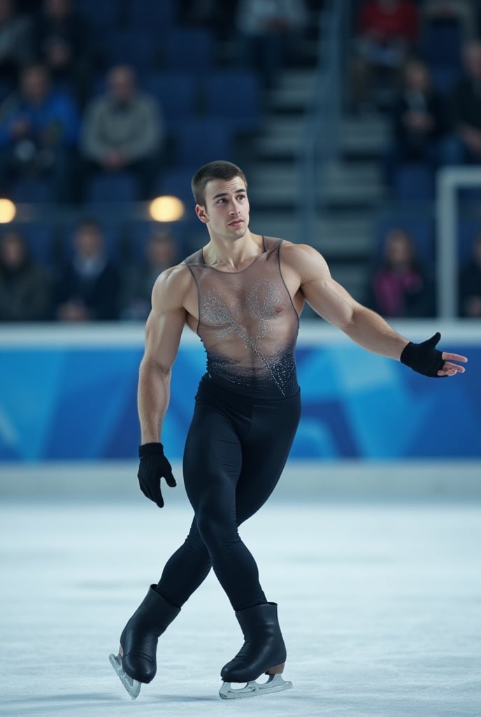Ultra-realistic cinematic sports photography.as figure skater performing on a Winter Olympics–style ice rink. He is wearin...