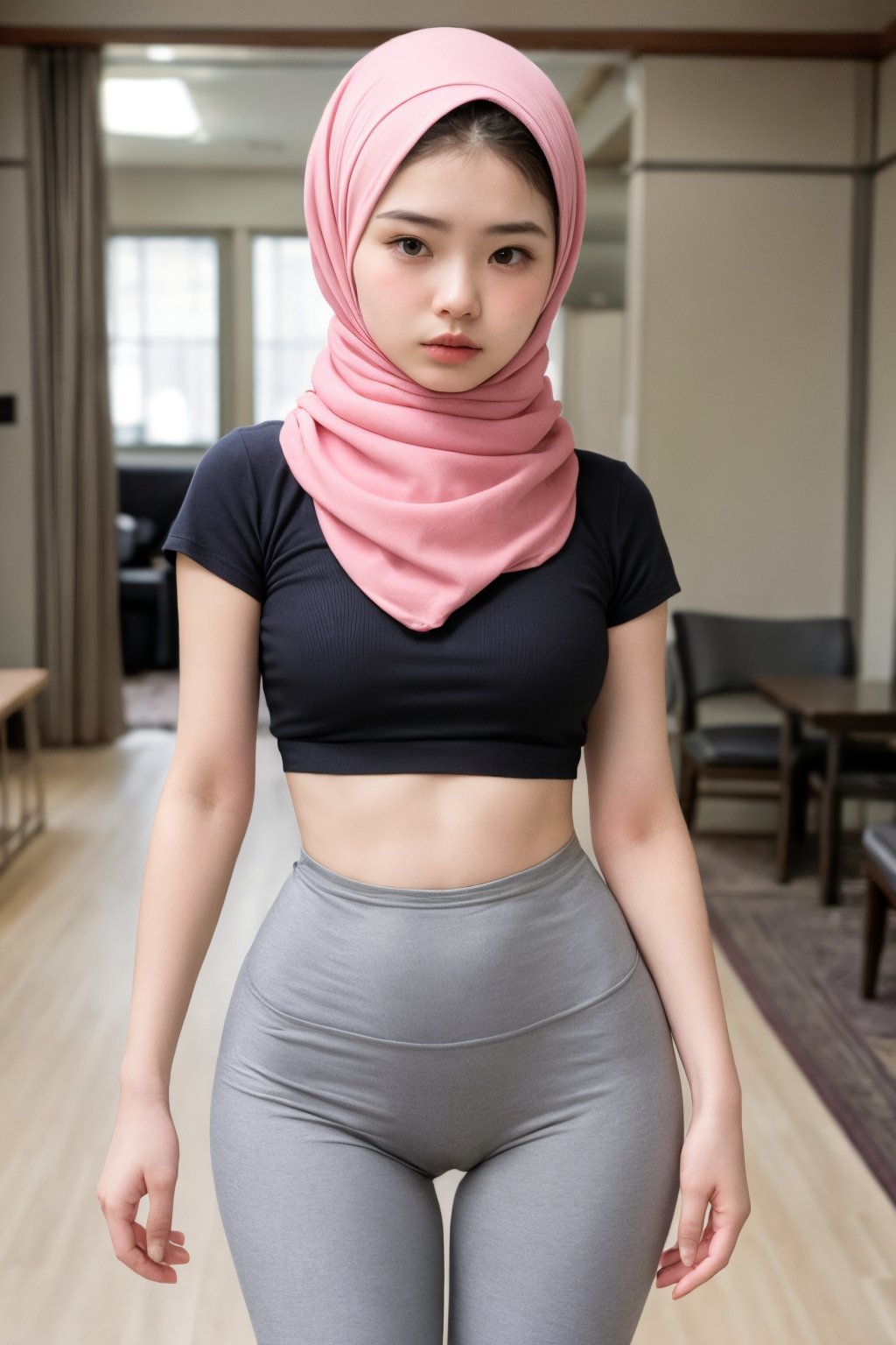 ((young woman aged 15 years)) wearing a pink hijab, tight pink clothes, gray leggings, sad face, shy, indoor theme surrounded by old men